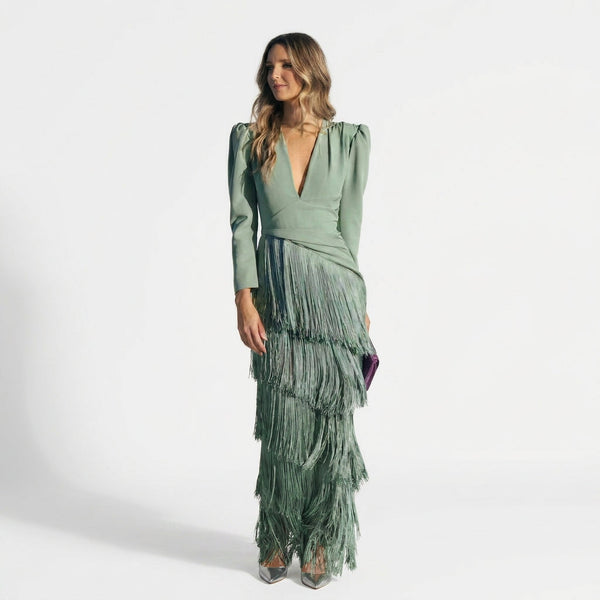 Gabriela - Robe Longue à Franges avec Décolleté en V
