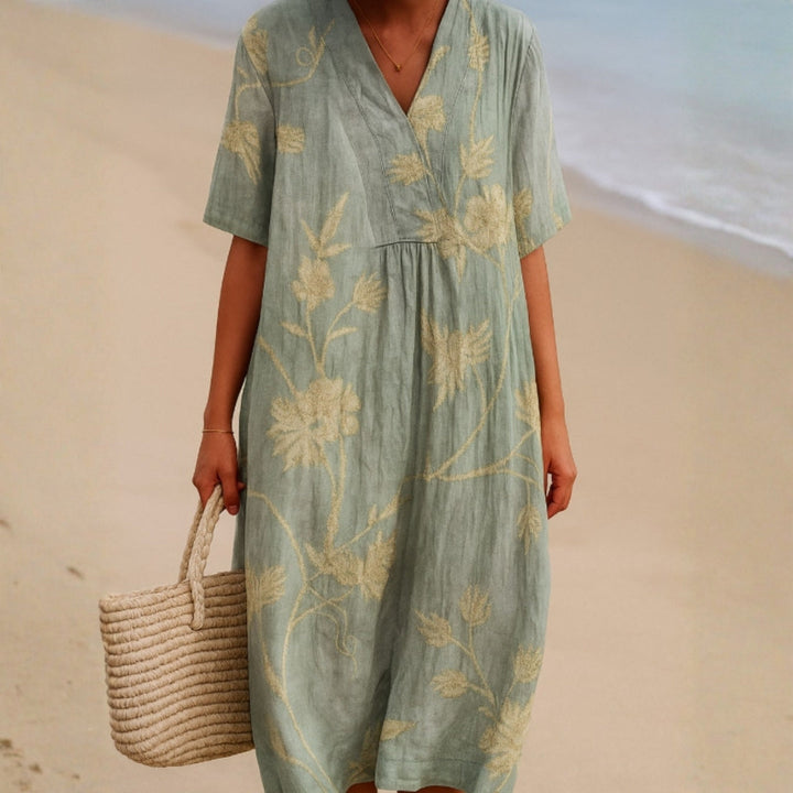 Clementina - Robe Bleu-Gris avec Broderie Florale