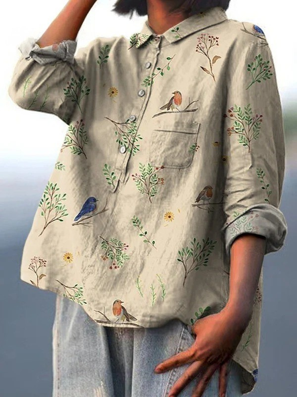 Alice - Chemise Casual Imprimée avec Motif de Branches et Oiseaux Robin