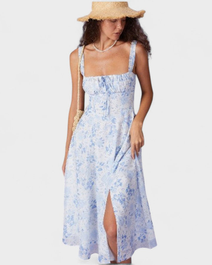 Renata - Robe Midi Bleue Fleurie