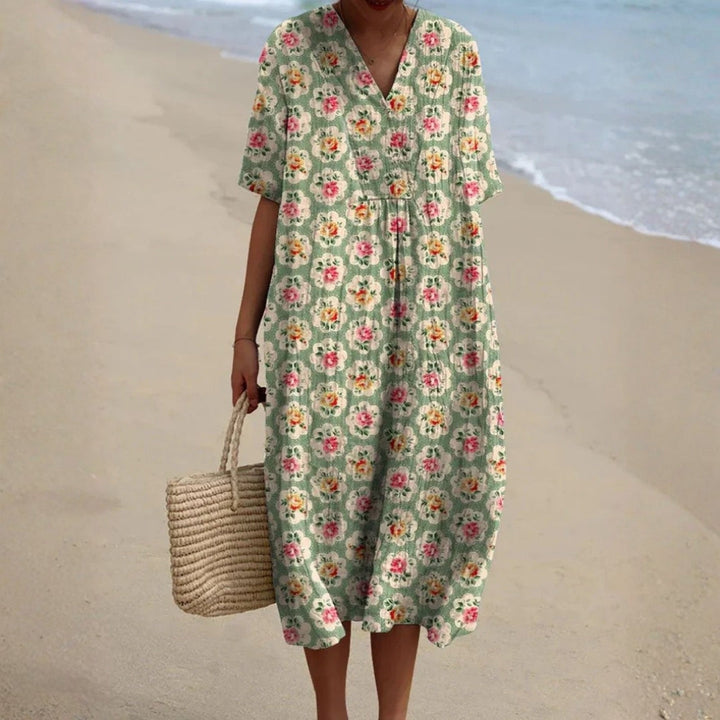 Eulállia - Robe Fleurie Rétro en Vert d'Eau