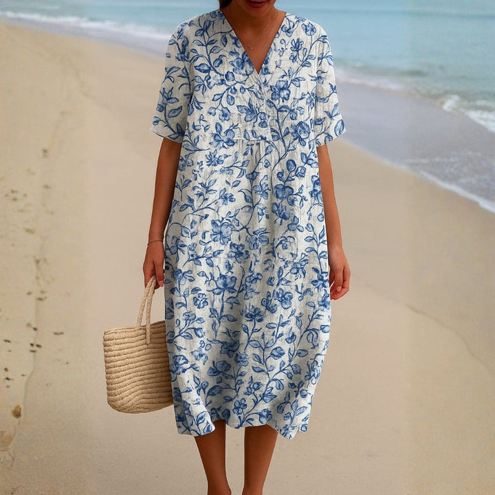 Magnolia - Robe en Ivoire Ornées de Fleurs en Bleu Porcelaine