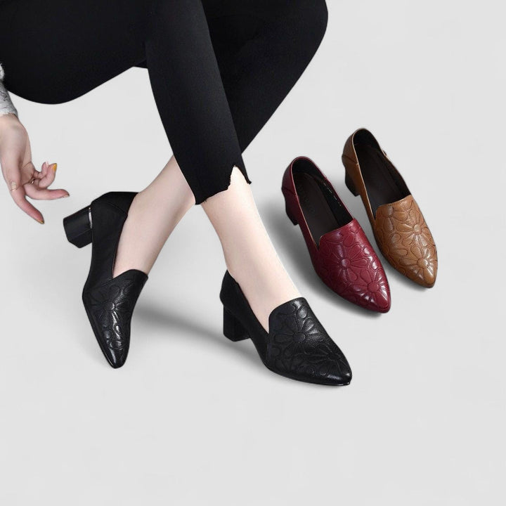 Olene - Chaussures à Talons en Cuir Vegan avec Broderie Douce