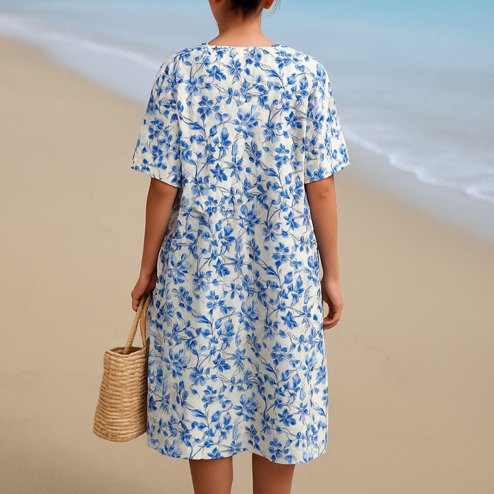 Magnolia - Robe en Ivoire Ornées de Fleurs en Bleu Porcelaine