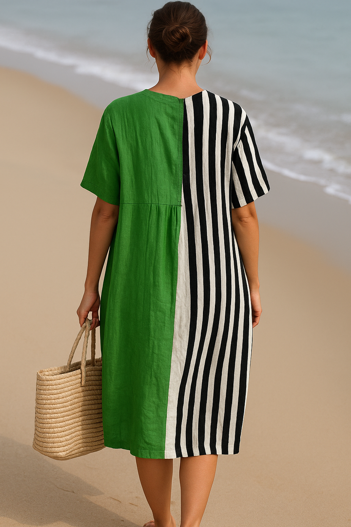 Noémia - Robe Verte Vibrante avec Rayures Noires