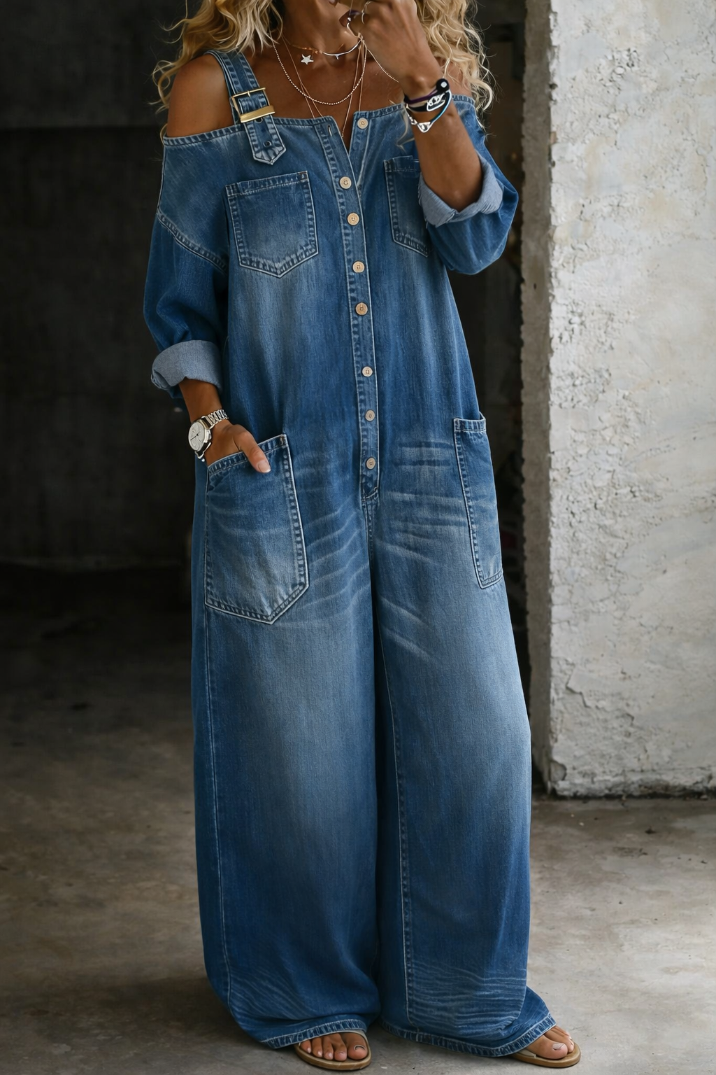 Florença - Combinaison en Denim avec Épaules Dégagées