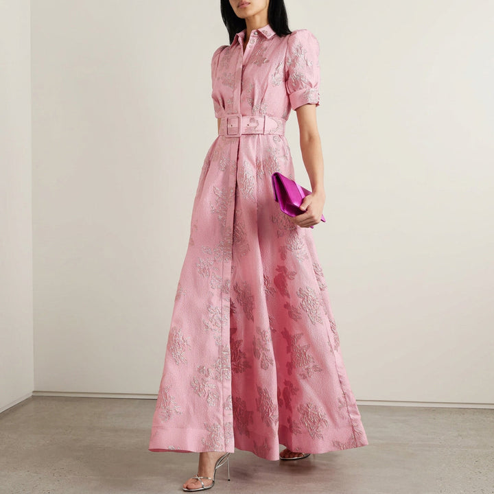 Matilde - Robe Longue en Jacquard Floral avec Ceinture
